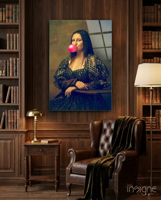 Bubble Mona glass wall art displayed above a wood side table in a wood-paneled library