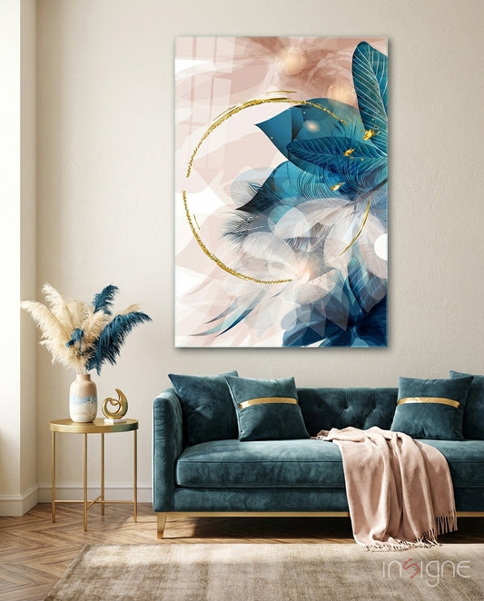 Coral Bloom glass wall art displayed above a teal velvet sofa in a contemporary lounge