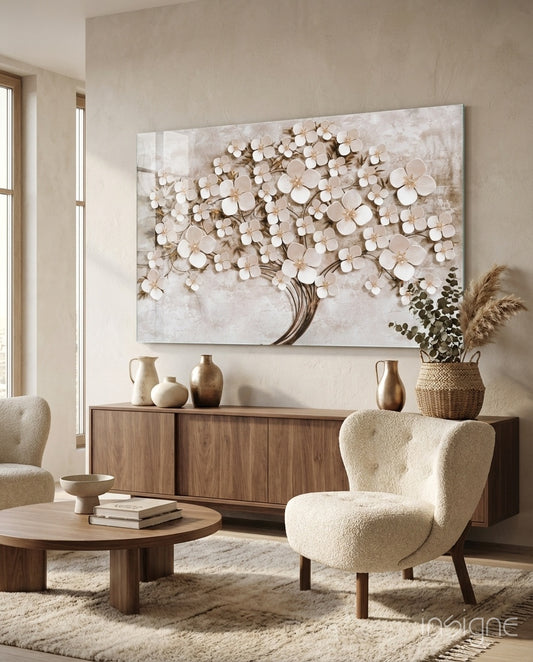 Ivory Blossom Tree glass wall art displayed above a wood sideboard in a beige minimal living room