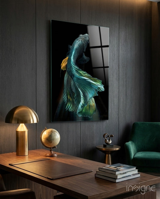 Betta Fish glass wall art displayed above a wood desk in a charcoal-paneled study