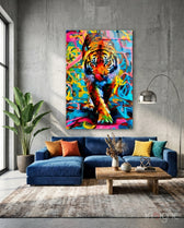 Graffiti Tiger glass wall art displayed above a navy sectional in a concrete loft