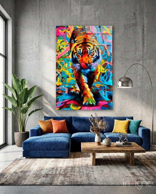 Graffiti Tiger glass wall art displayed above a navy sectional in a concrete loft