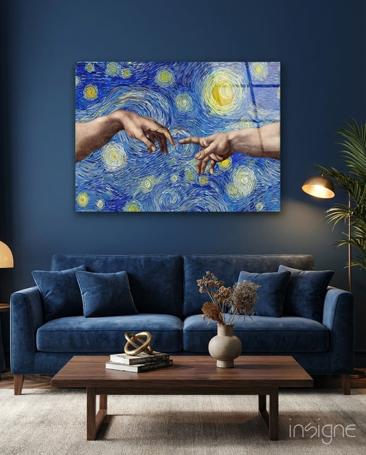 Creation Stars glass wall art displayed above a navy sofa in a wood-paneled library