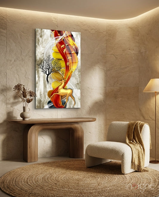 Golden Deer Flow glass wall art displayed above a wood console in a beige stone-walled foyer
