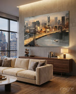 New York Bridge glass wall art displayed above a wood sideboard in a city-view living room
