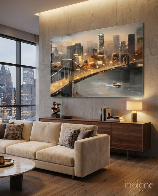 New York Bridge glass wall art displayed above a wood sideboard in a city-view living room