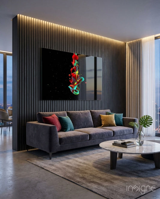Liquid Stack glass wall art displayed above a charcoal sofa in a city-view living room
