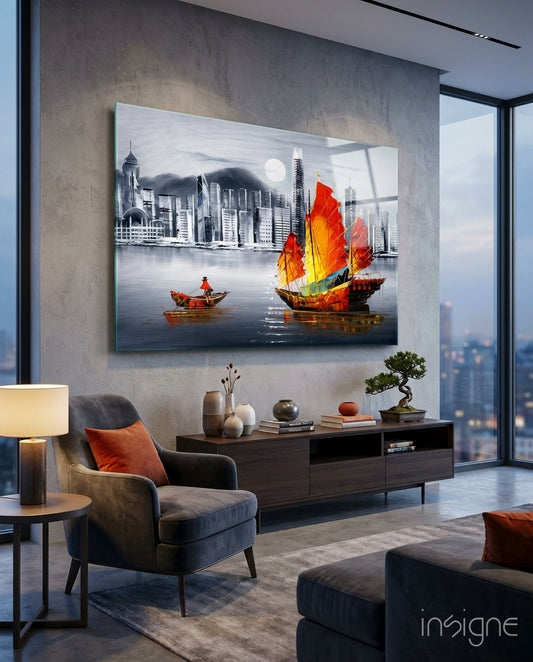 Hong Kong Junk glass wall art displayed above a wood sideboard in a city-view living room