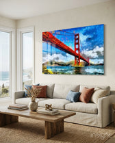 Golden Gate glass wall art displayed above a linen sofa in a coastal living room