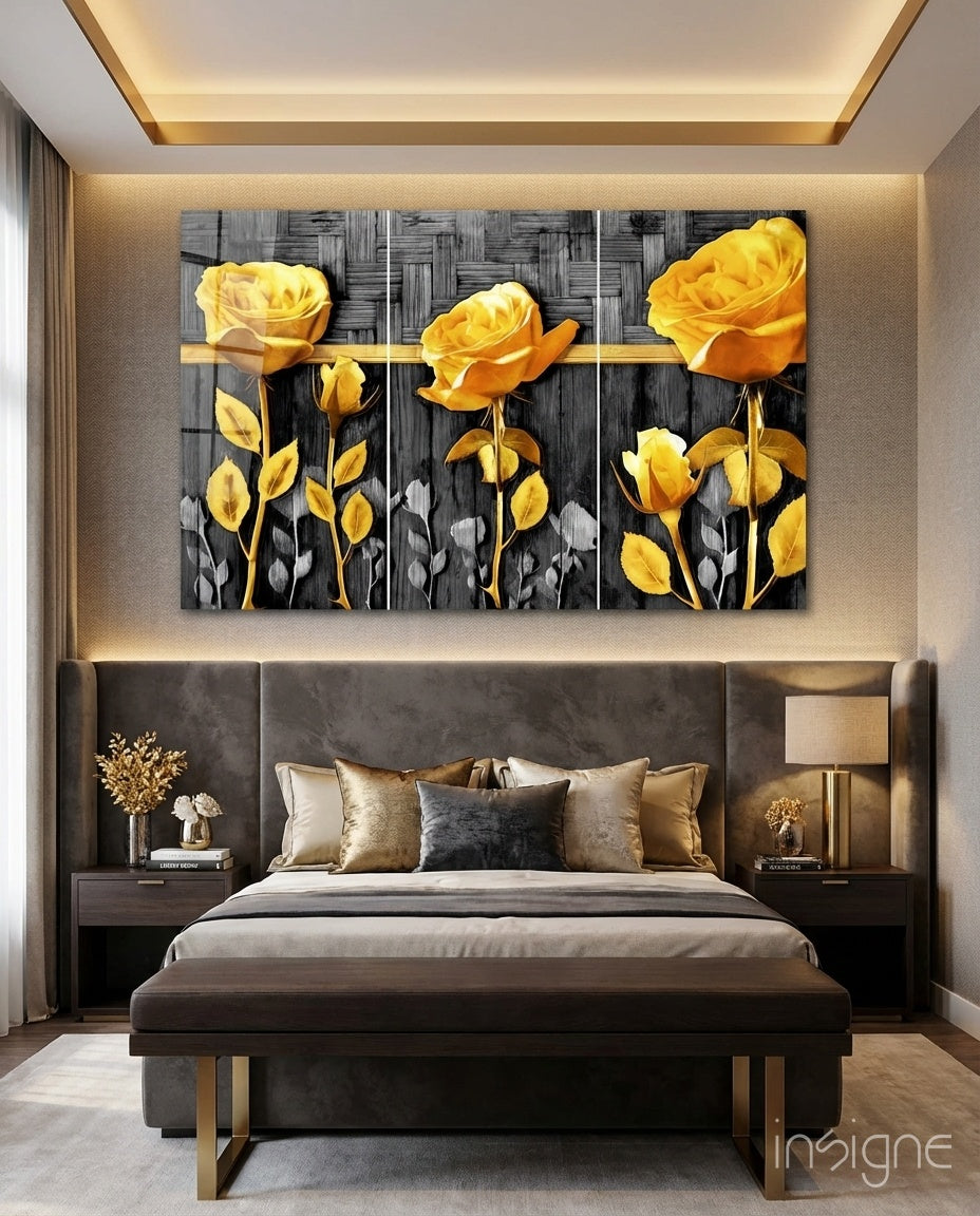 Yellow Roses glass wall art displayed above an upholstered headboard in a luxe-grey bedroom