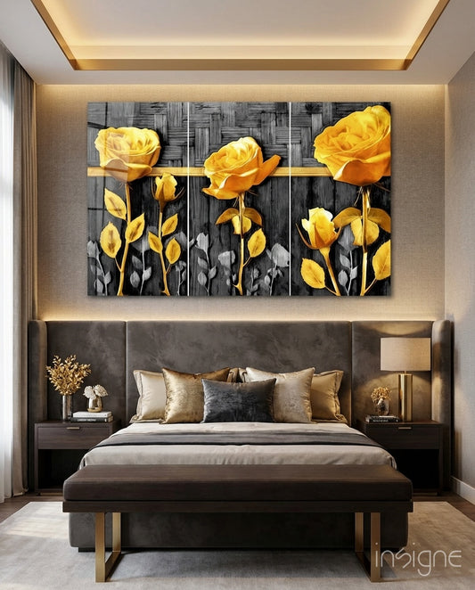 Yellow Roses glass wall art displayed above an upholstered headboard in a luxe-grey bedroom