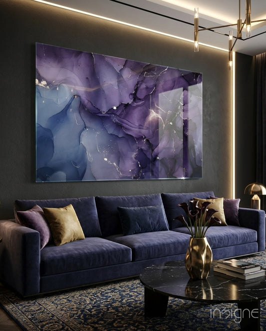 Amethyst Veil glass wall art displayed above a navy velvet sofa in a charcoal-walled lounge