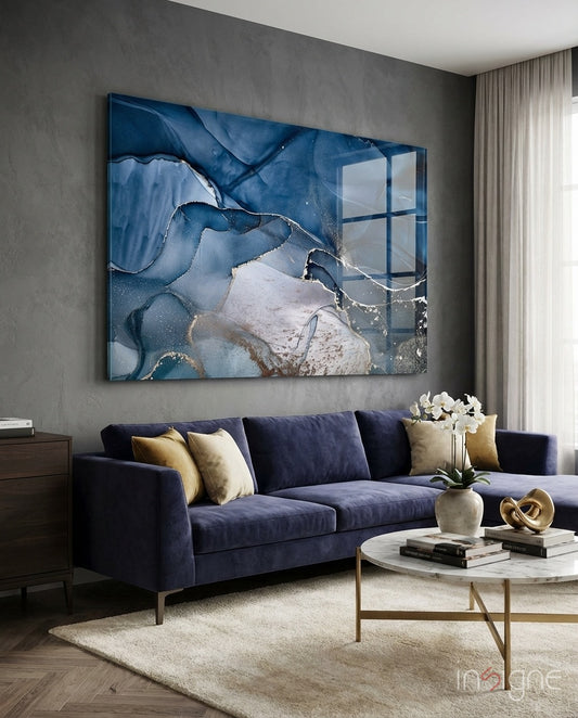 Sapphire Stone glass wall art displayed above a navy velvet sofa in a charcoal-walled living room
