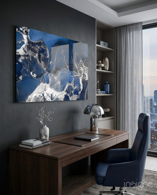 Cobalt Spill glass wall art displayed above a walnut desk in a charcoal home office