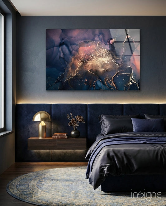 Nebula Bloom glass wall art displayed above a navy upholstered headboard in a luxe-grey bedroom
