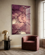 Mauve Filigree glass wall art displayed above a mauve velvet armchair in a warm beige hallway