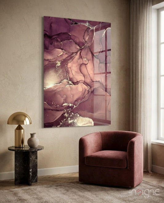 Mauve Filigree glass wall art displayed above a mauve velvet armchair in a warm beige hallway
