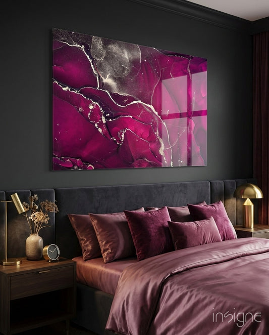Fuchsia Smoke glass wall art displayed above an upholstered headboard in a charcoal-walled bedroom