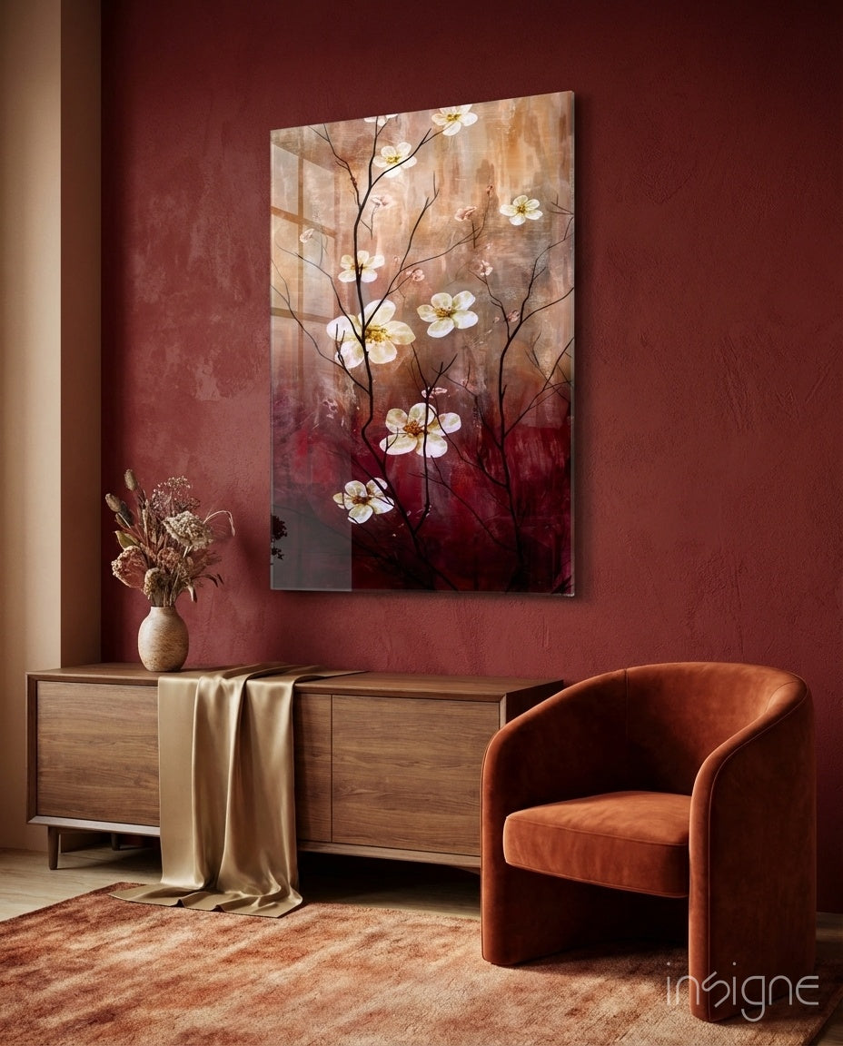 Crimson Daisies glass wall art displayed above a wood console in a terracotta-walled hallway