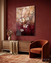 Crimson Daisies glass wall art displayed above a wood console in a terracotta-walled hallway