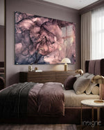 Rose Cloud glass wall art displayed above a walnut dresser in a mauve-walled bedroom