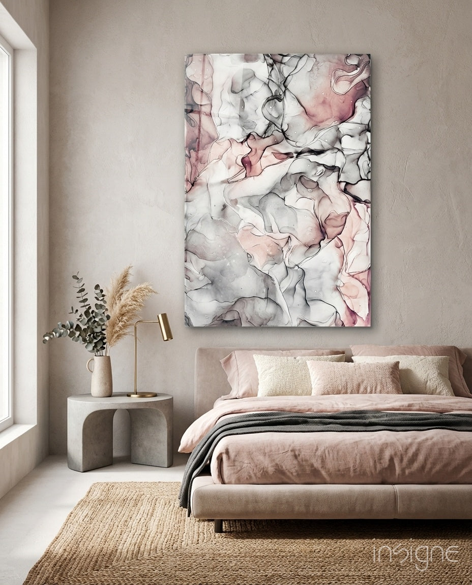 Ivory Veins glass wall art displayed above a blush-linen bed in a minimalist beige bedroom