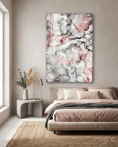 Ivory Veins glass wall art displayed above a blush-linen bed in a minimalist beige bedroom