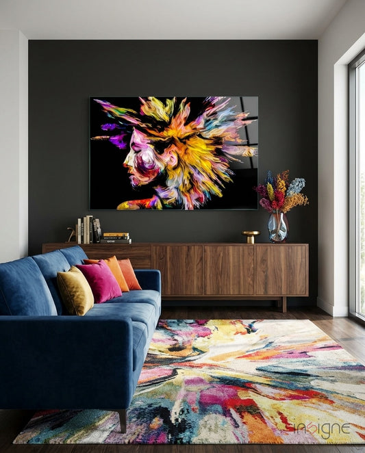 Colorful Thoughts glass wall art displayed above a walnut credenza in a charcoal-walled lounge