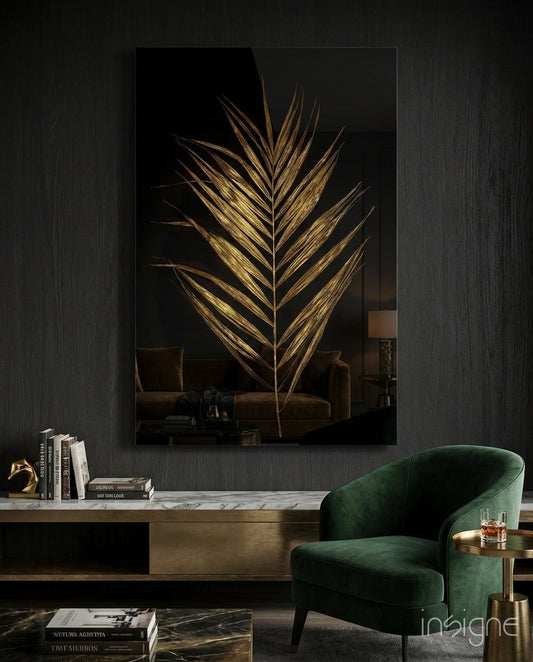 Gilded Palm glass wall art displayed above a marble-topped credenza in a wood-paneled lounge