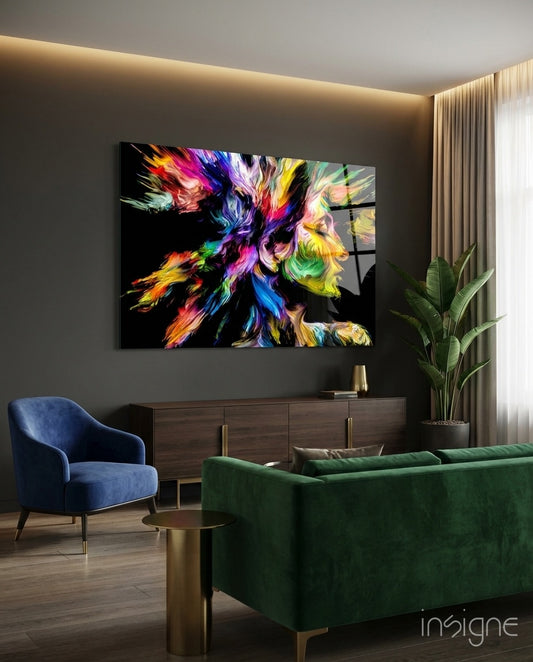 Two Minds glass wall art displayed above a walnut sideboard in a charcoal lounge with green velvet sofa