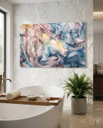 Pastel Cellular glass wall art displayed above a freestanding tub in a stone-walled bathroom