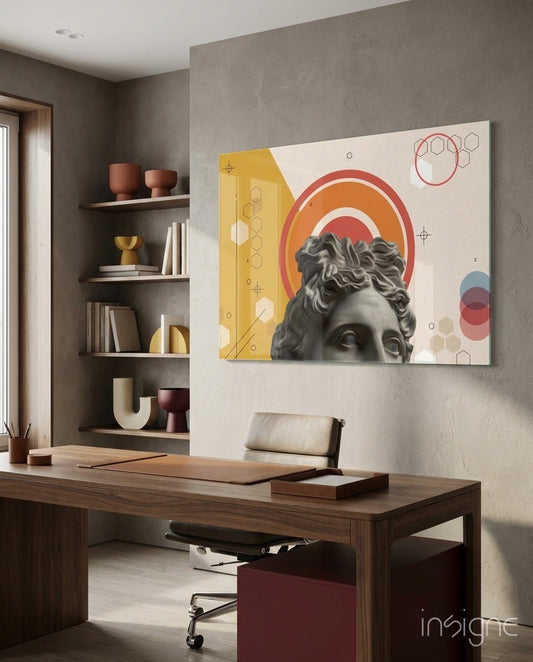 Greek Collage glass wall art displayed above a walnut desk in a warm beige home office