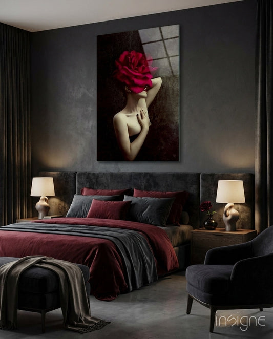 Crimson Rose glass wall art displayed above a charcoal velvet headboard in a crimson-and-charcoal bedroom