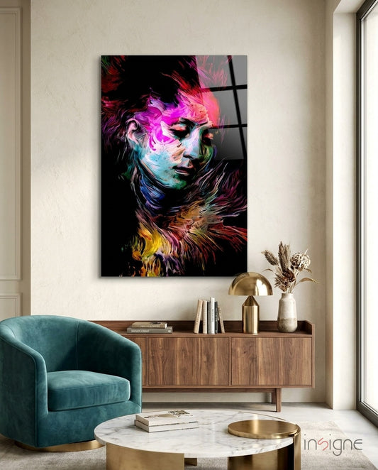 Veiled Mind glass wall art displayed above a walnut credenza in a cream-walled lounge