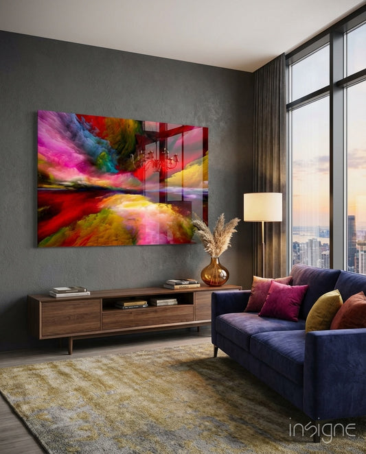 Dream Horizon glass wall art displayed above a walnut credenza in a charcoal city-view lounge