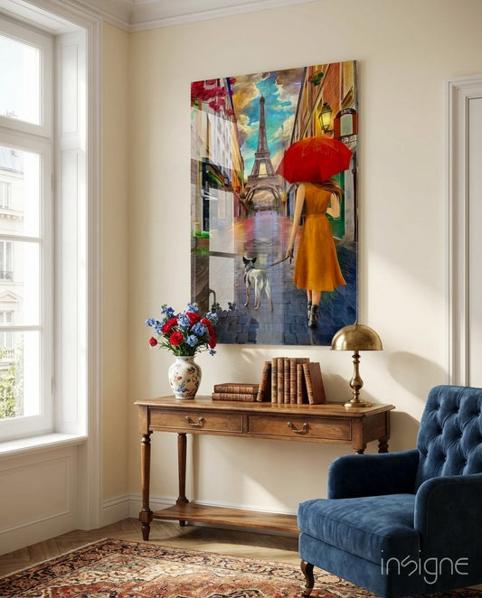Paris Stroll glass wall art displayed above a wood console in a classical Parisian-style entryway