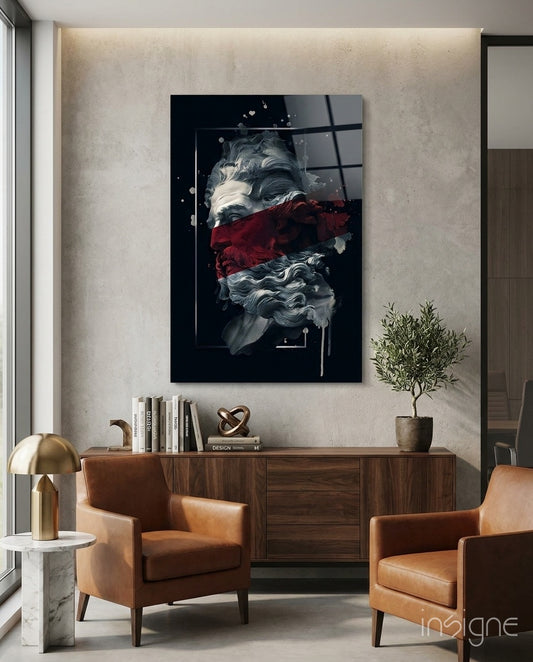 Severed Poseidon glass wall art displayed above a walnut sideboard in an industrial concrete lounge