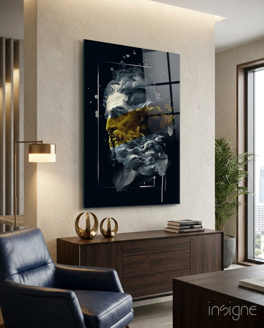 Gilded Poseidon glass wall art displayed above a walnut credenza in a warm beige minimalist lounge