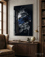Cobalt Poseidon glass wall art displayed above a wood credenza in a classical library study
