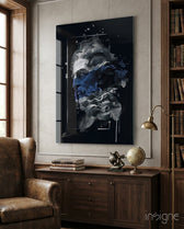 Cobalt Poseidon glass wall art displayed above a wood credenza in a classical library study