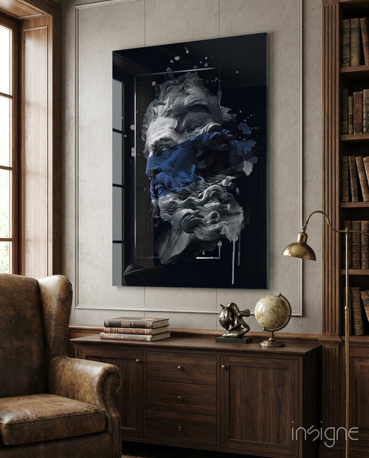 Cobalt Poseidon glass wall art displayed above a wood credenza in a classical library study