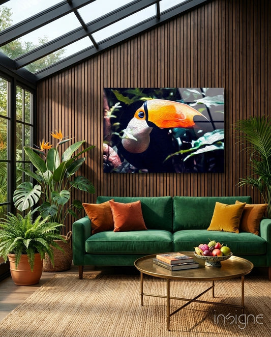 Toco Toucan glass wall art displayed above an emerald velvet sofa in a tropical conservatory