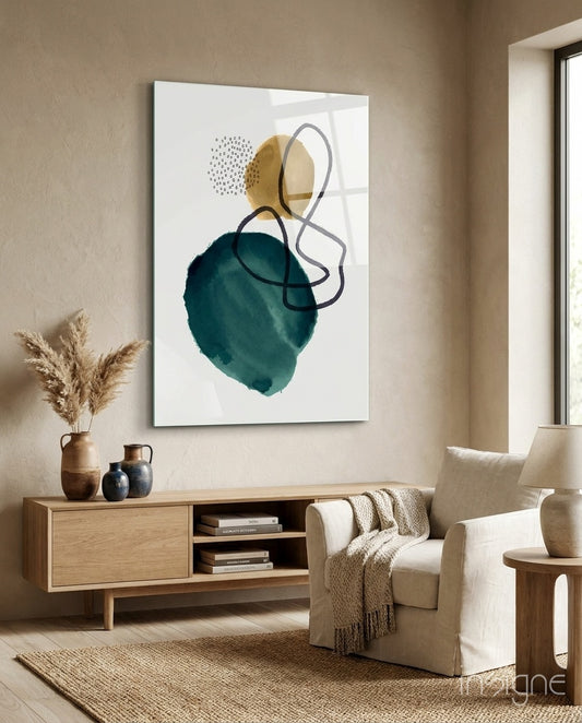 Teal Stack glass wall art displayed above a wood credenza in a warm minimalist living room