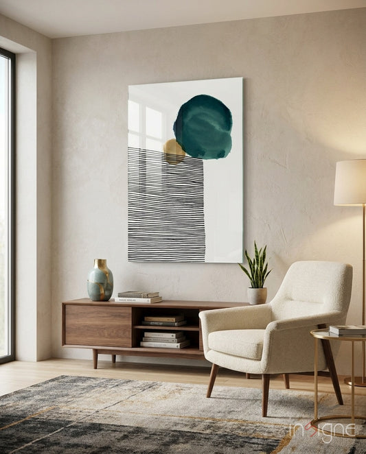 Lined Teal glass wall art displayed above a walnut credenza in a bouclé-armchair lounge