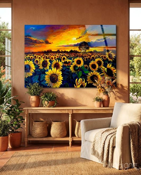 Sunflower Sunset glass wall art displayed above a wood console in a terracotta-walled tropical living room