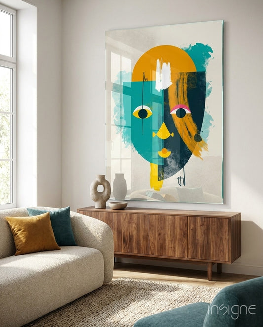 Amber Face glass wall art displayed above a walnut credenza in a bright minimalist living room