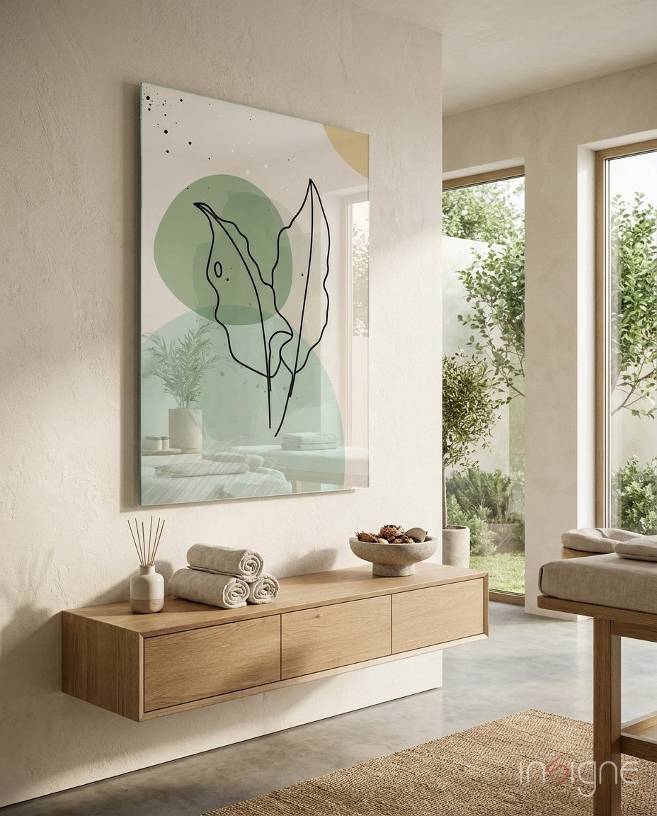 Sage Leaves glass wall art displayed above a wood floating console in a stone-walled spa bathroom