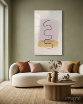 Lavender Wave glass wall art displayed above a curved bouclé sofa in a sage-walled lounge