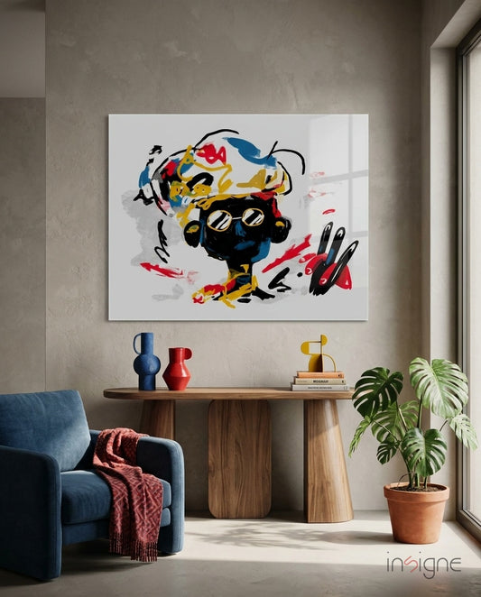 Street Mind glass wall art displayed above a wood console in a warm minimalist living room with navy chair
