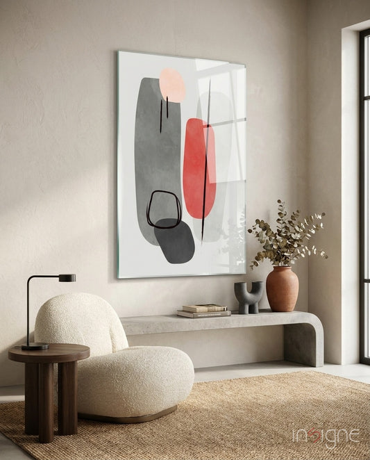 Geometric Stack glass wall art displayed above a stone-bench credenza in a warm beige minimalist lounge